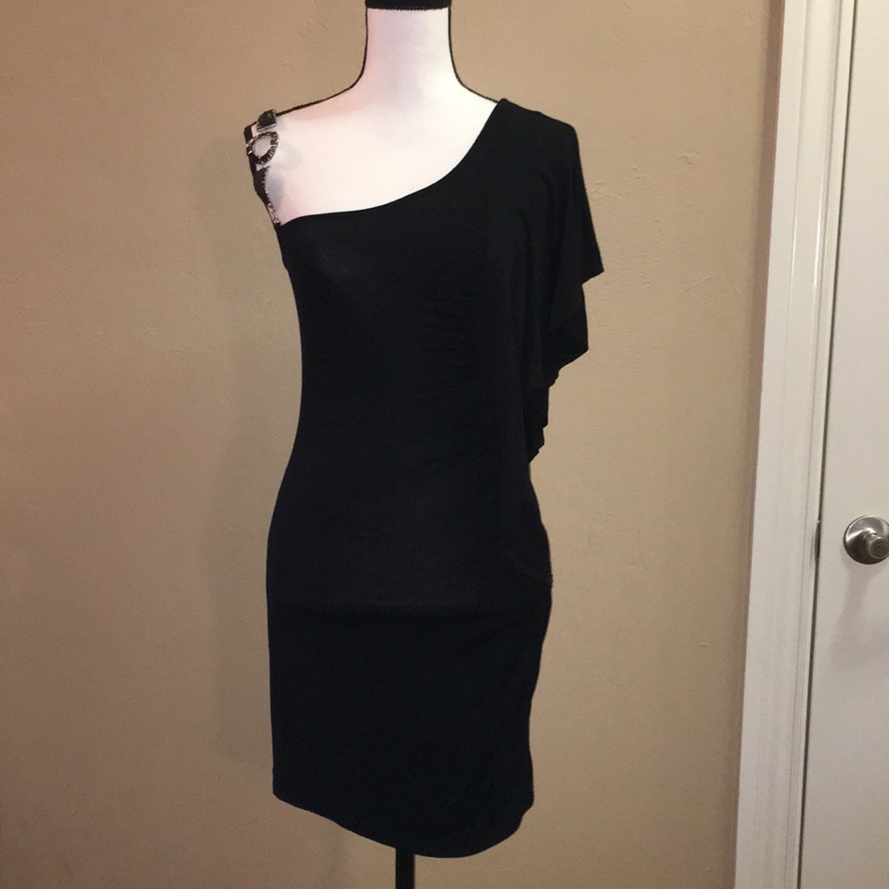 Flutter Sleeve Dress w/Jeweled Shoulder